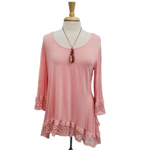 Womens L Pink Crochet Trim Boho Top Spring Layer Feminine Soft Romantic Blouse